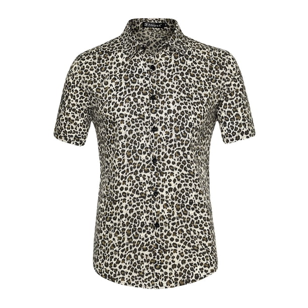 CAMISAS DE HOMBRE CORTAS DE INSPIRACIÓN CHIC, CON ESTAMPADO FLORAL, BOTONES EN LA PARTE FRONTAL, CAMISA DE PLAYA HAWAIANA 34 LEOPARDO