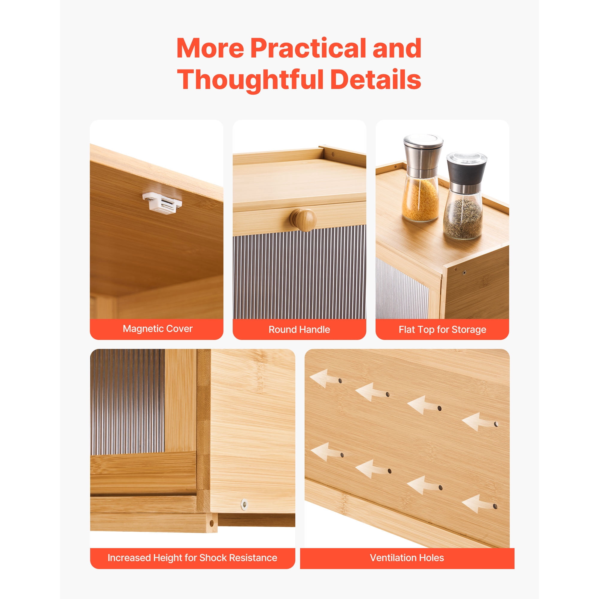 KFFKFF Large Capacity Bamboo Bread Storage Box for Kitchen Counter, Wooden Organizer for Homemade Bread with Acrylic Wavy Door, Natural Farmhouse Design