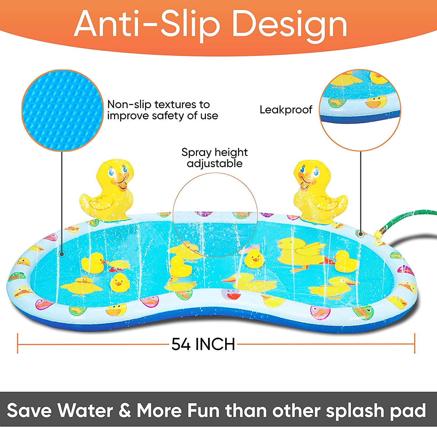 KOVOT 54" Inflatable Duck Splash Pool Mat Sprinkler Outdoor Playable with Rubber Duckies, 4 Pieces
