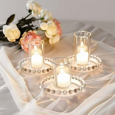 BalsaCircle 6 Clear 4 in Round Glass Pillar Candle Holder Plates Beaded Rims Centerpieces