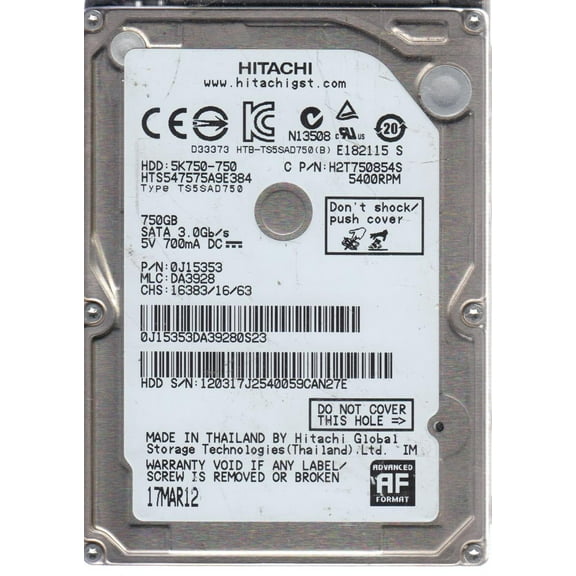 HTS547575A9E384, PN 0J15353, MLC DA3928, Hitachi 750GB SATA 2.5 Hard Drive