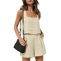 Mohiass Womens 2 Piece Outfits Linen Matching Sets Sleeveless Crop Tank Tops and High Waist Lounge Shorts with Pockets Beige 2XL