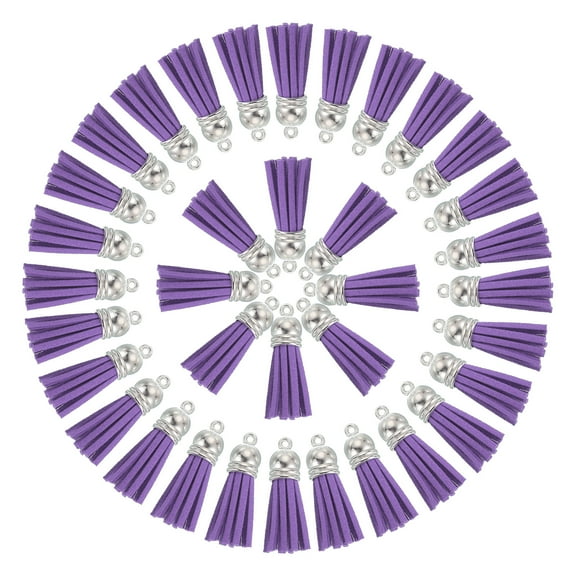 Uxcell 50 Pcs Keychain Tassels Bulk for Crafts, 1.5 Inch Leather Tassel Keychain Charm Ring, Purple