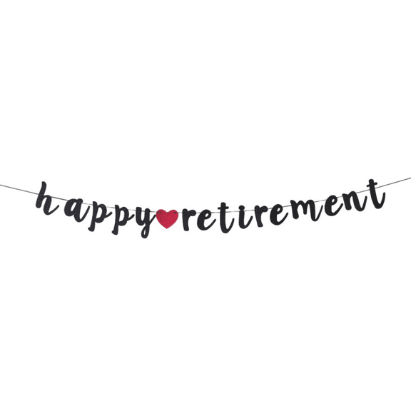 Happy Retirement Banner, Black Glitter Script with Red Heart, Party Decoration