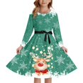thumbnail image 2 of FAOWME Big Kids Girls Christmas Dress Long Sleeve Round Neck Reindeer Print Lace Up Front Stylish Comfortable Dresses For Party Green 9-10 Years, 2 of 4