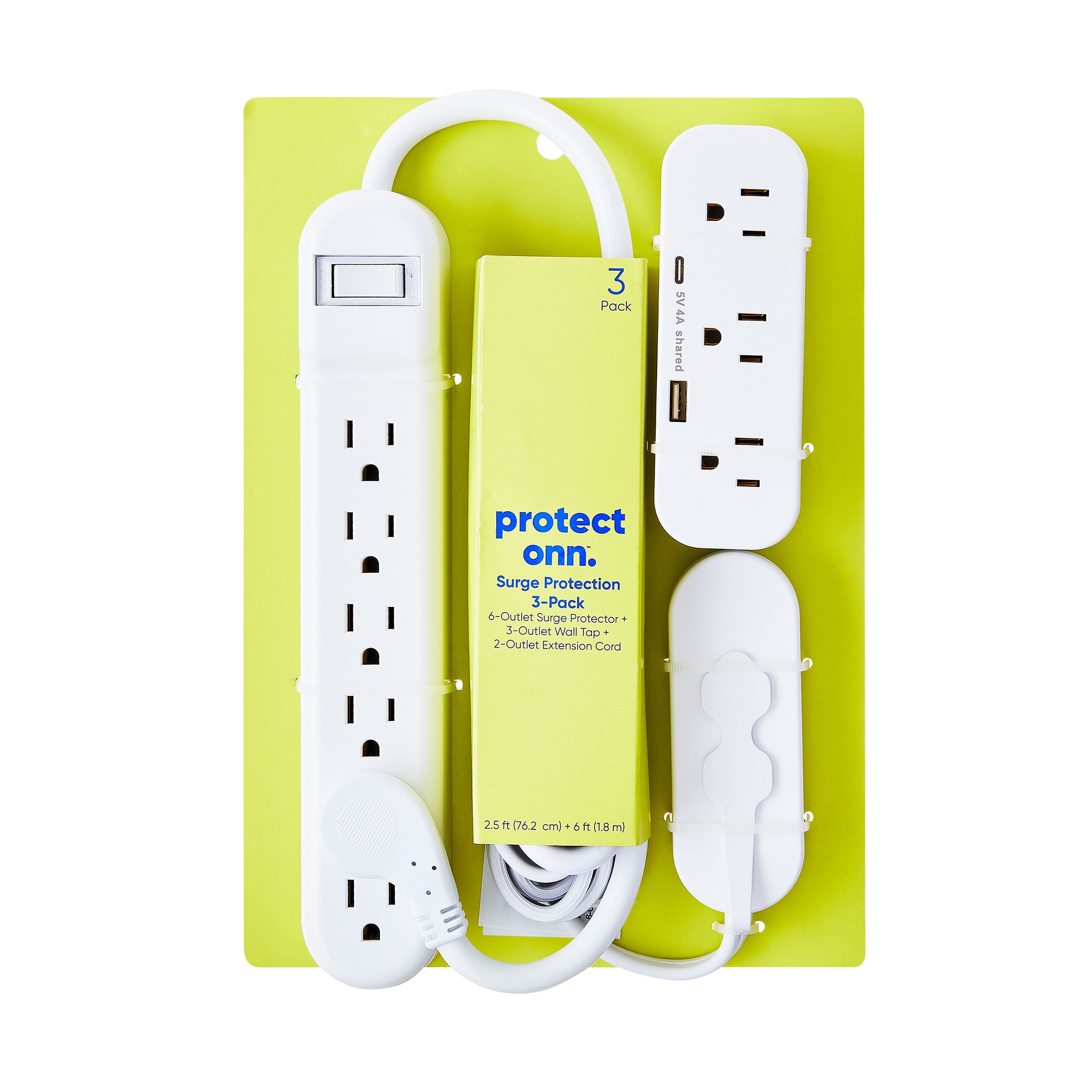 onn Surge Protection Multipack with 6-Outlet Surge Protector, 3-Outlet Wall Tap and 2-Outlet Extension Cord, White