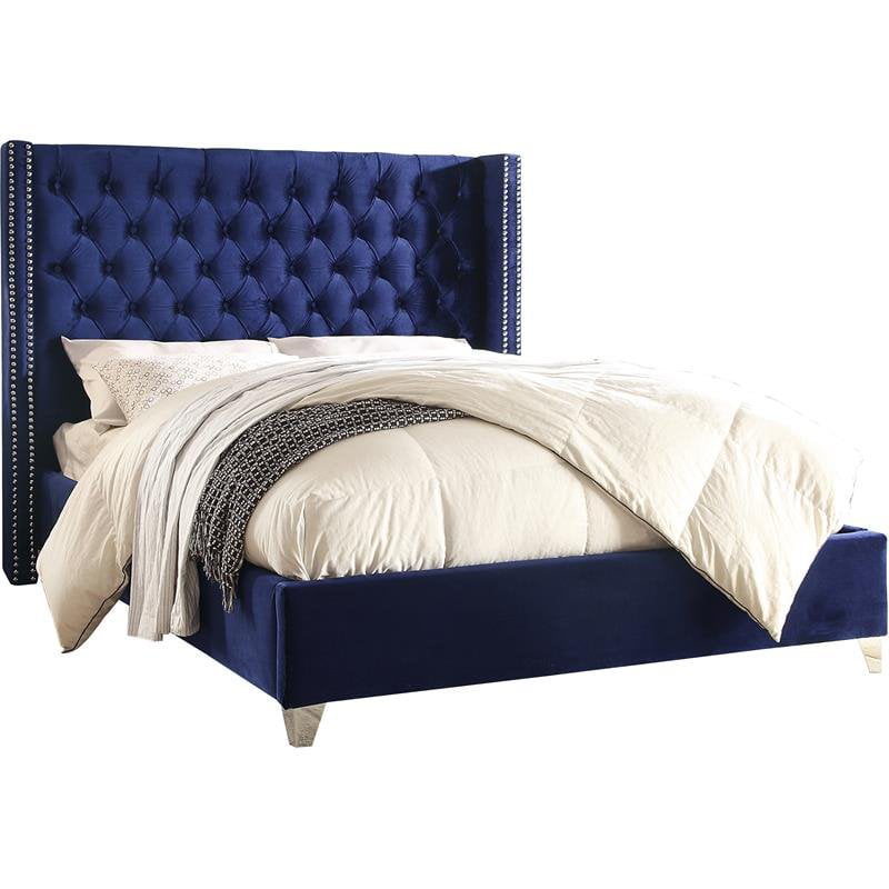 Meridian Furniture Aiden Solid Wood Tufted Velvet Wing Back King Bed