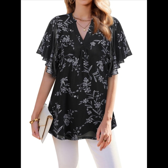 Blusas de Corta con Cuello en V para Mujer, Blusas Florales de Doble Capa de , Túnicas, Tops Flor Grisácea L