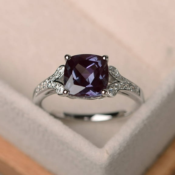 Alexandrite statement ring, 14k white gold, cushion cut, June birthtsone, color changing ring