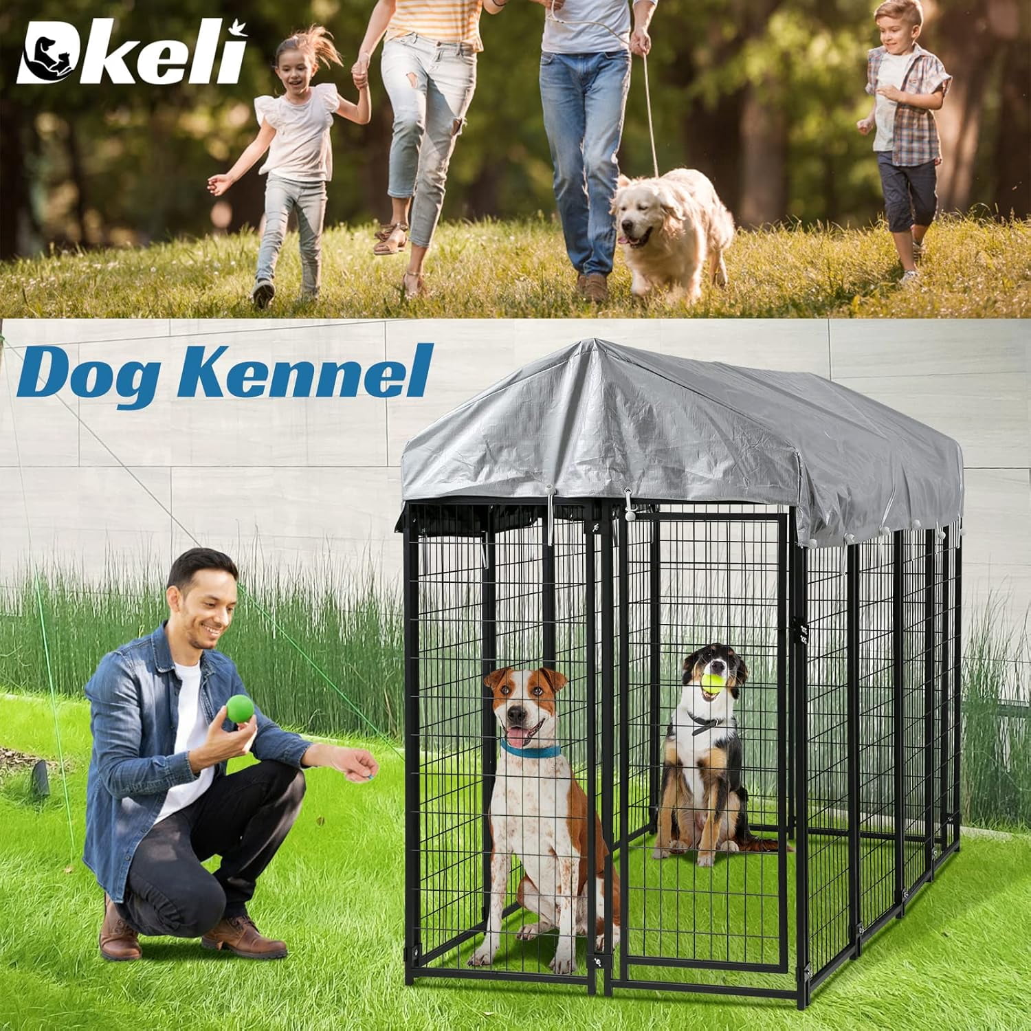 Dkelincs Large Dog Kennel 8'L x 4'W x 6'H Heavy Duty Outdoor Dog Crate Cage with Roof and Waterproof Cover, Black