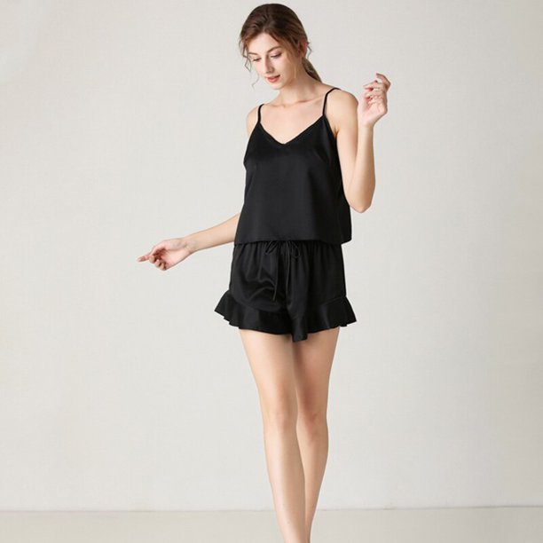 Conjunto de pijama con volantes de satén de seda sexy para mujer, pantalones cortos, ropa de dormir, traje para el hogar xuanjing unisex