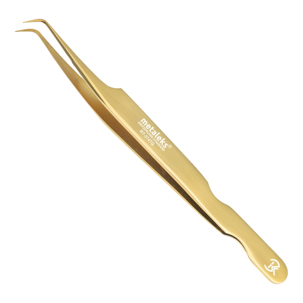 6PCS Complete Gold Titanium Coated Eyelash Extension Tweezers Set With Gold Metallic Magnetic Pouch