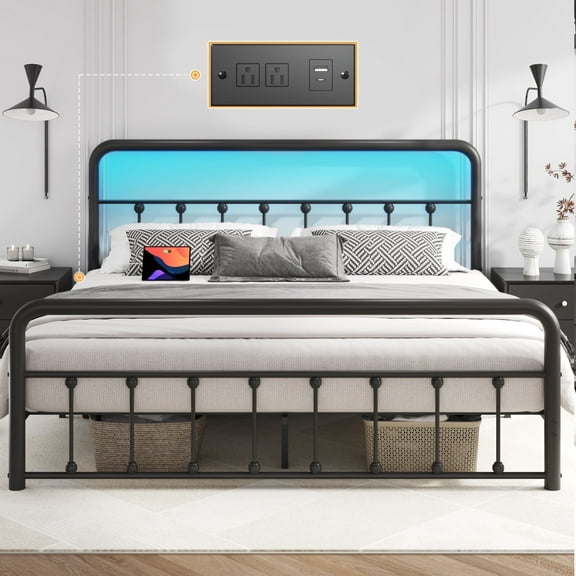 Lifezone Queen Bed Frame, Classic Metal Platform Bed Frame, with Charging Station and LED, No Need for Springs, Black
