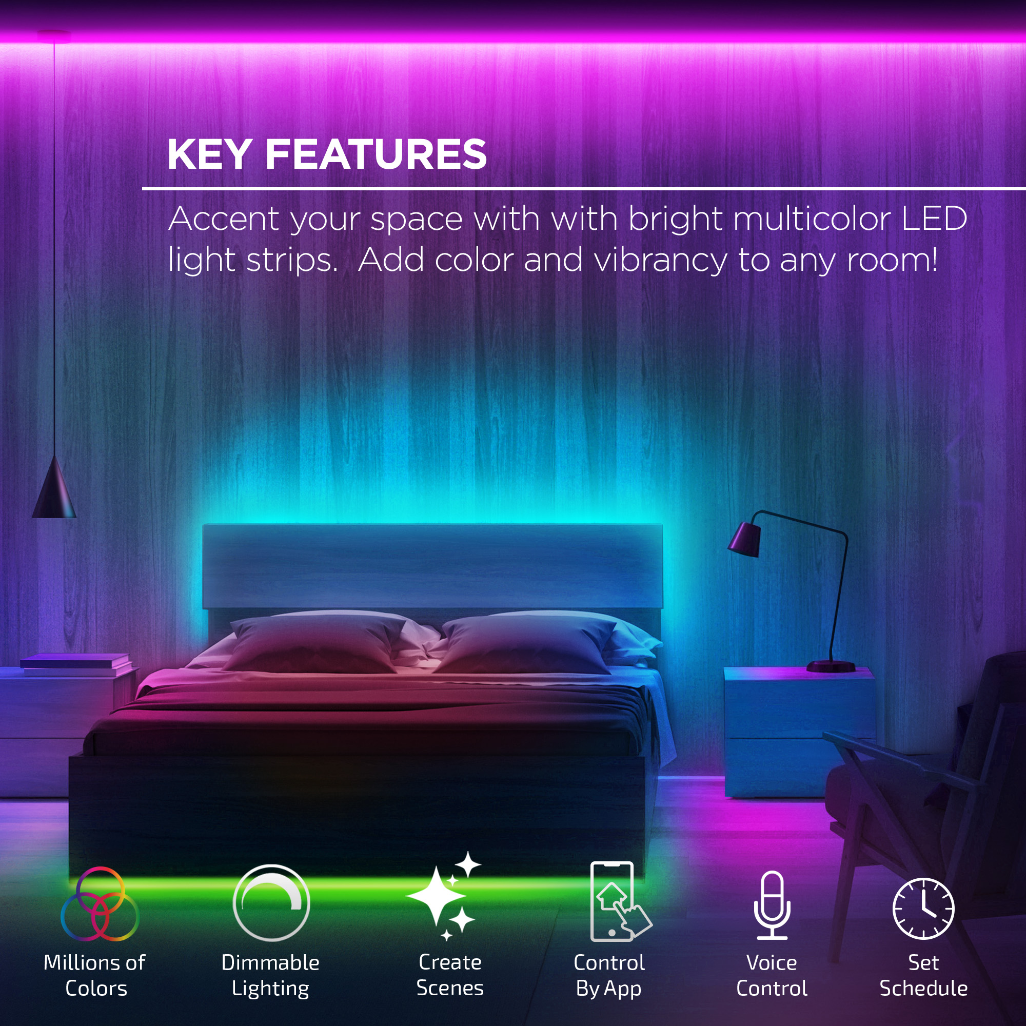 Merkury Smart LED Strip Lights, 16ft RGB Wi-Fi Dimmable photo 2