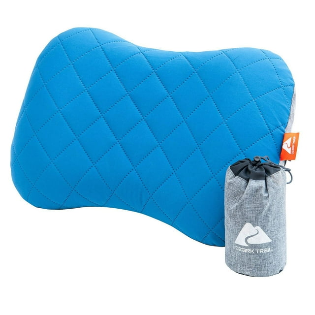 Ozark Trail, oreiller gonflable avec housse, ultra-léger, idéal pour le camping, la randonnée ou les voyages, convient à tous les âges, sac de transport inclus, couleur bleue.