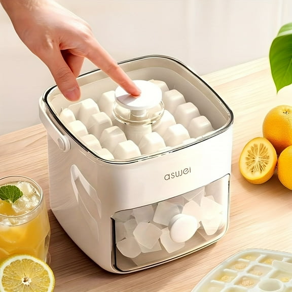 "Large Capacity Ice Cube Maker - 48-Cube Desktop Machine with Double Layer Design & Food-Grade ABS - Includes Ice Tongs & Easy-Press Lid"