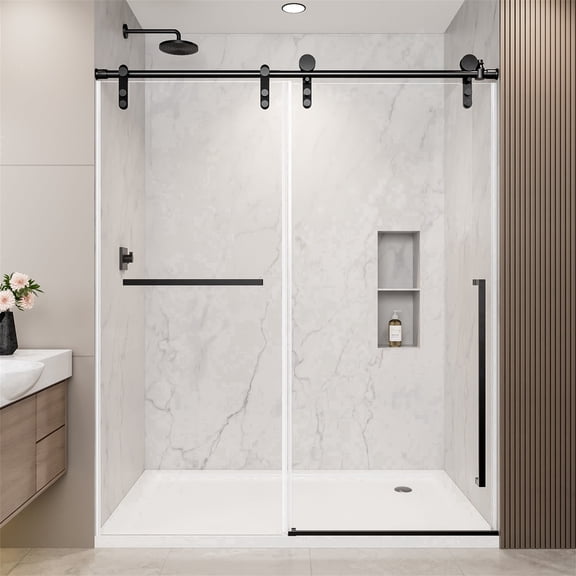 KPUY 56" - 60" x 75" Frameless Stainless Steel Sliding Shower Door with 5/16" Clear Tempered Glass, Explosion-proof Film, Matte Black