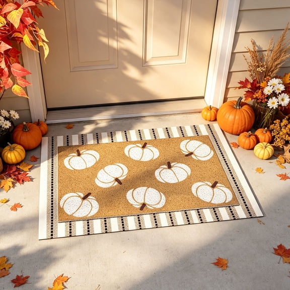 Halloween Pumpkin Door Mat, Fall Layered Doormat Set, Neutral Pumpkin Mat with Stripe for Autumn Thanksgiving Front Porch