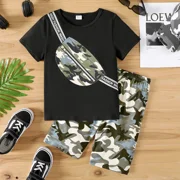 PatPat Boys Clothes Set 2pcs Kids Outfits Camouflage Bag Print Short Sleeve Tee and Shorts Set, Black, 4-5 Years