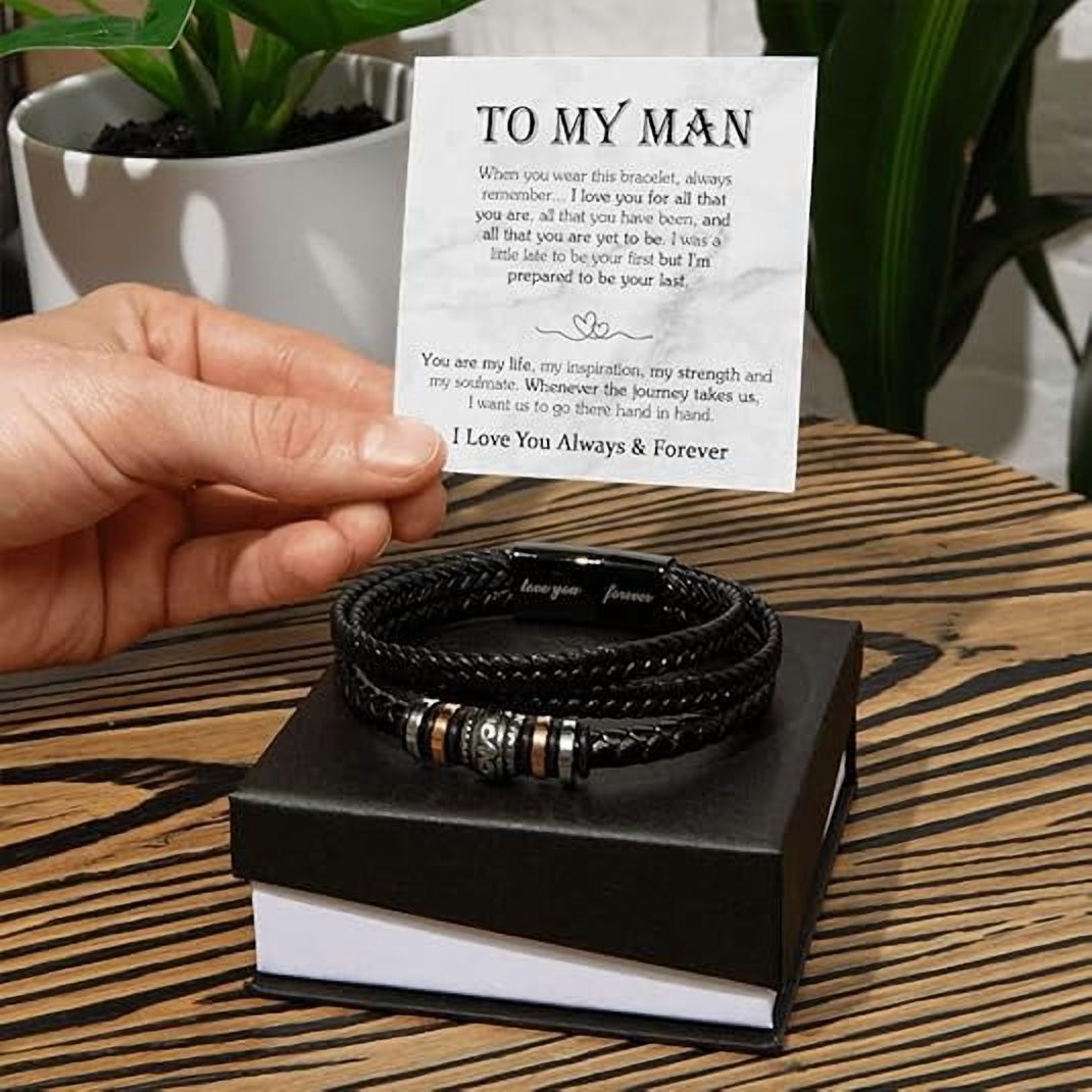 To My Man Bracelet Romantic Gift For Him, Husband Boyfriend Sentimental Gifts From Wife Girlfriend, Men’s Love You Forever Bracelet Gift Ideas With Message Card, Leather Bracelet for Men