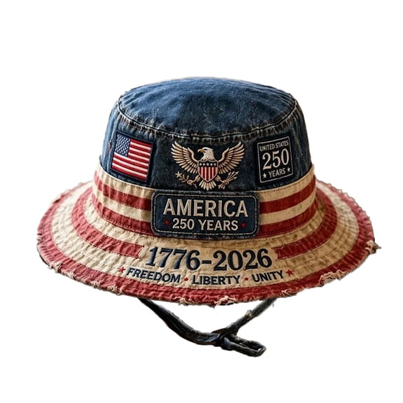 1776-2026 America 250th Anniversary Boonie Hat,Vintage Distressed American Eagle US Flag Embroidered Bucket Hat,Patriotic Sun Hat with Chin Strap