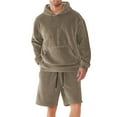 thumbnail image 2 of YueHuiYing Men's 2 Piece Long Sleeve Solid Color Hooded Sweatshirt With Elastic Waistband And Drawstring Shorts Lining Set, 2 of 9