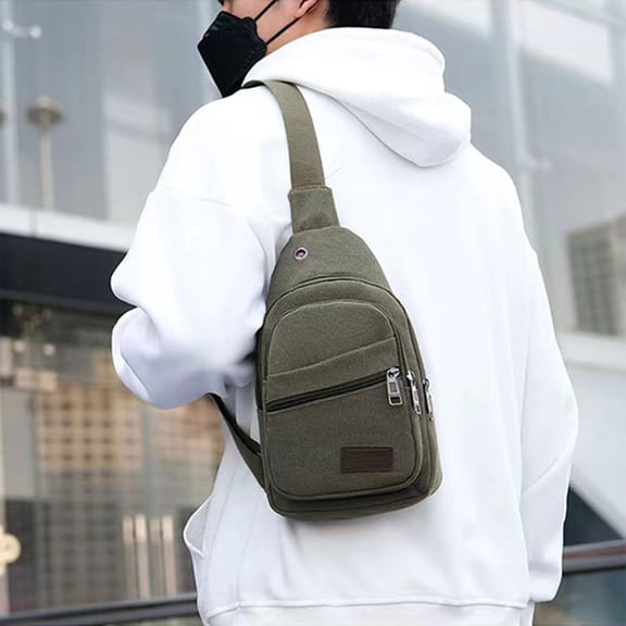 Canvas Sling Bag Crossbody Backpack for Men Women | Army Green Coffee Polyester | Adjustable Strap, Lightweight 11.8x6.7in | Travel Hiking Chest Shoulder Rucksack