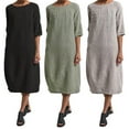 thumbnail image 3 of OUSITAID Vintage Été Femmes Couleur Unie O Cou Demi Manches Lin Doux Robe Midi en Vrac, 3 of 8