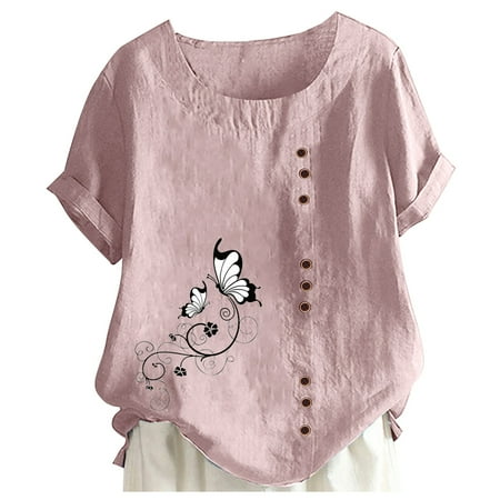 

plus Size Long Shirt Women s Printed Round Neck Raglan Sleeve Hem Slit Loose Short Sleeve Button Decoration Shirt V Neck Cotton Tunic plus Size Christmas Top Bra plus