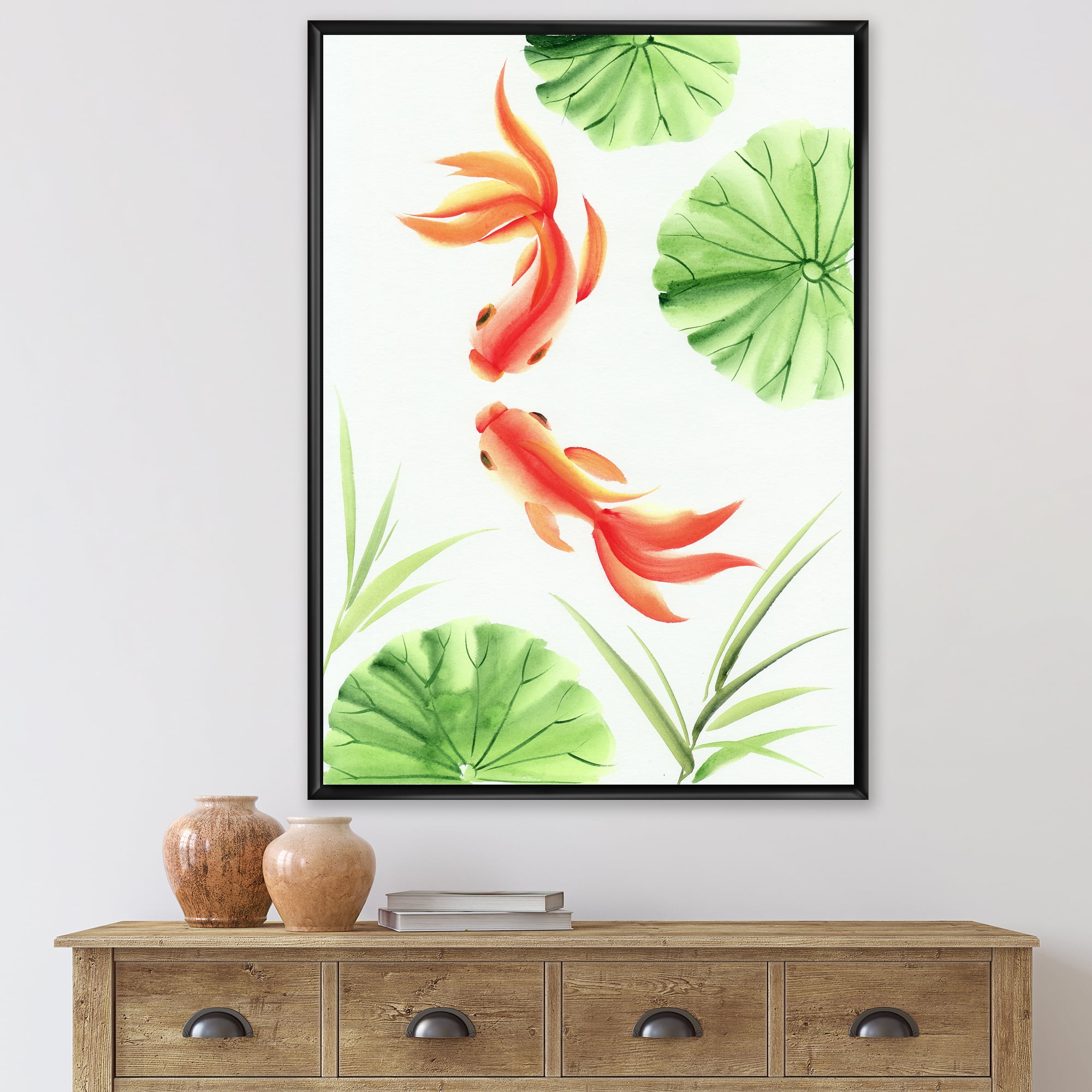 Designart 'The Lotus Leaves With Goldfishes' Nautical & Coastal Framed Canvas Wall Art Print
