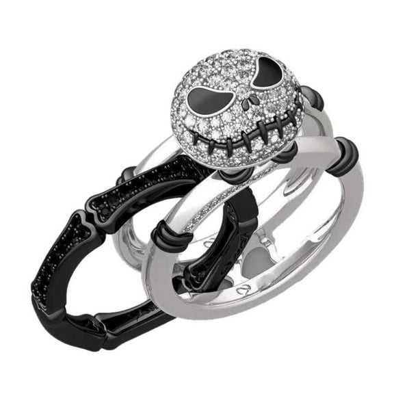 NBC Jack Skellington 3 Piece Rhinestone Stainless Steel Band Ring Set Size 12