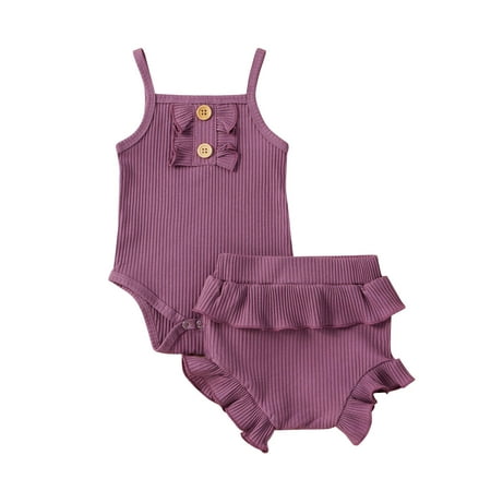 

Newborn Infant Baby Girl Summer Sleeveless Solid Romper Bodysuit Ruffles Shorts Outfits Fashion Children s Suit