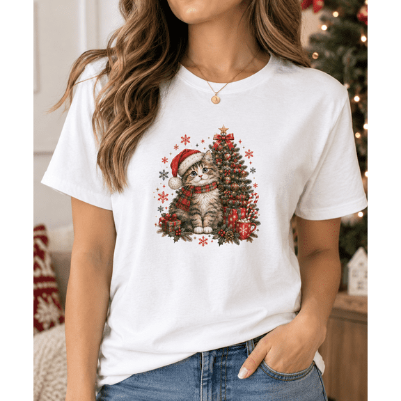 Women's Christmas Cat T-Shirt "Cute Kitten" Santa Hat Christmas Tree Graphic White