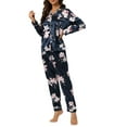 thumbnail image 2 of INSPIRE CHIC Women's Satin Pajamas Sleepwear Long Sleeve Tops with Pants Button Down Floral Lounge Sets L Navy Blue, 2 of 5