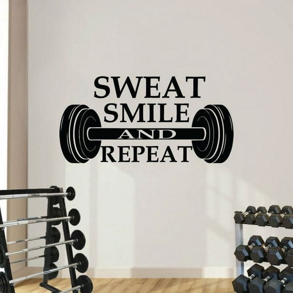 Sweat Smile And Repeat Barbell Silhouette - Exercise Workout Quote Motivation Weightlifting Silhouette Vinyl Wall Art Sticker Decal Home Gym Workout Area Fitness Sticker Decoration Size(24x40 inch)