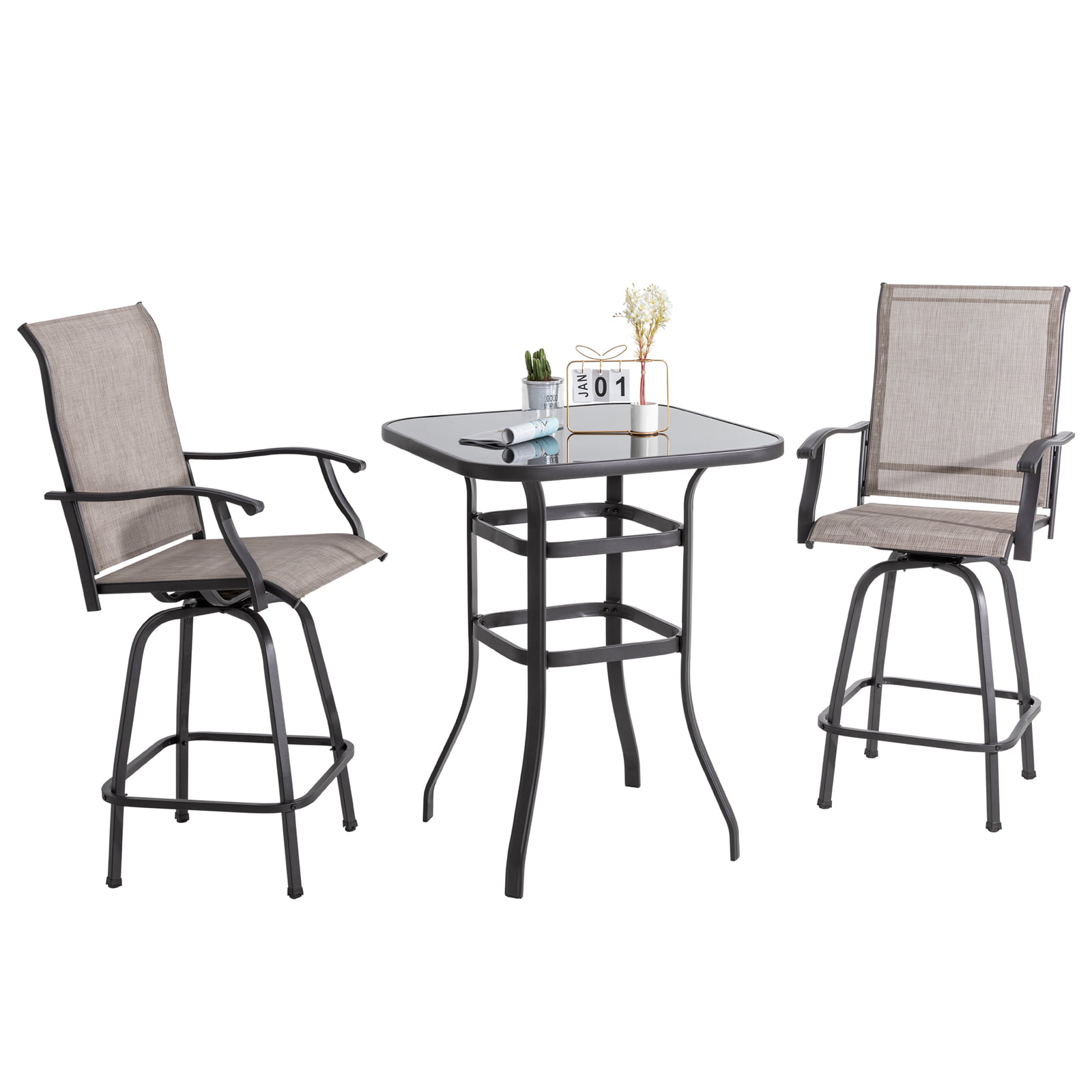 All Weather Mental Frame Textilene High Swivel Bar Stools Chair Set of 2 and High Glass Bar Table Vongrasig 3 Piece Patio Swivel Bar Set Outdoor High Top Bistro Set for Lawn Garden Taupe Balcony 