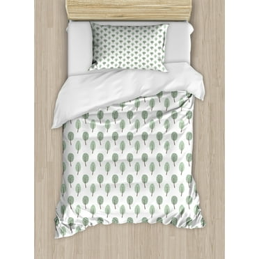 Geometric Forest Twin Size Duvet Cover Set, Spotted and Striped Woodland Pattern with Sublime Nature Theme, Decorative 2 Piece Bedding Set with 1 Pillow Sham, Pale Green and Brown, by Ambesonne
