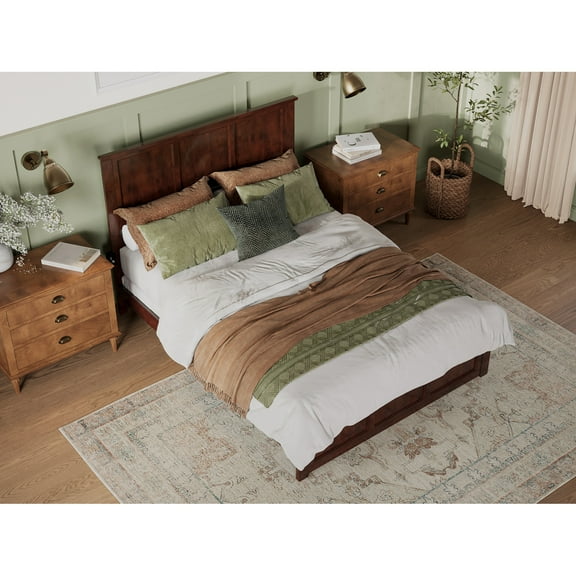 King Size Platform Bed with FootboardCharger - Low Profile Wood Bed Frame - Walnut Finish