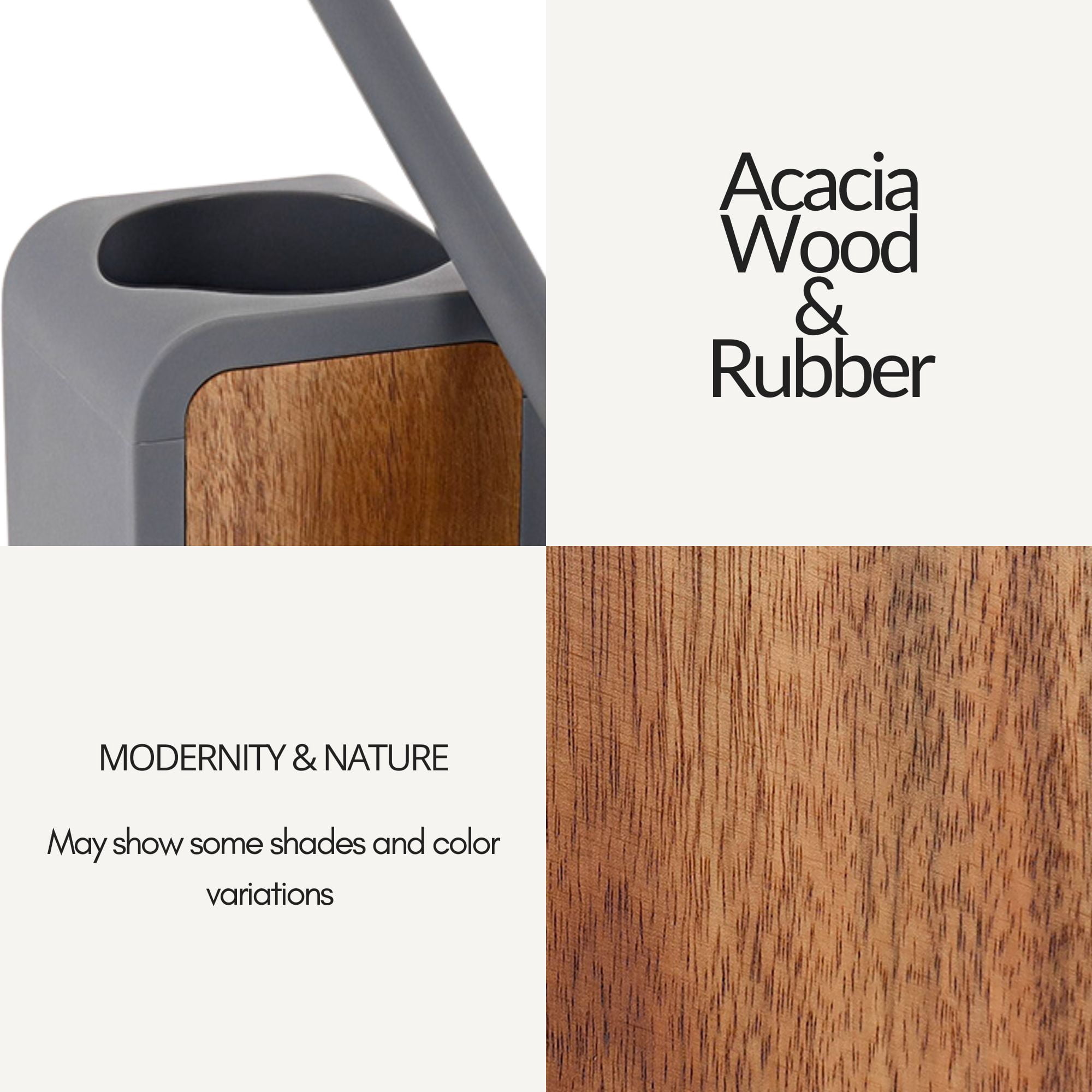 Toilet Brush and Holder Gray Rubber and Acacia