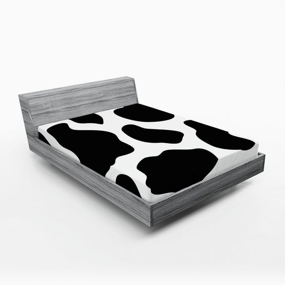 Ambesonne Cow Print Fitted Sheet, White Cow Hide Barn, Queen Size, Black White