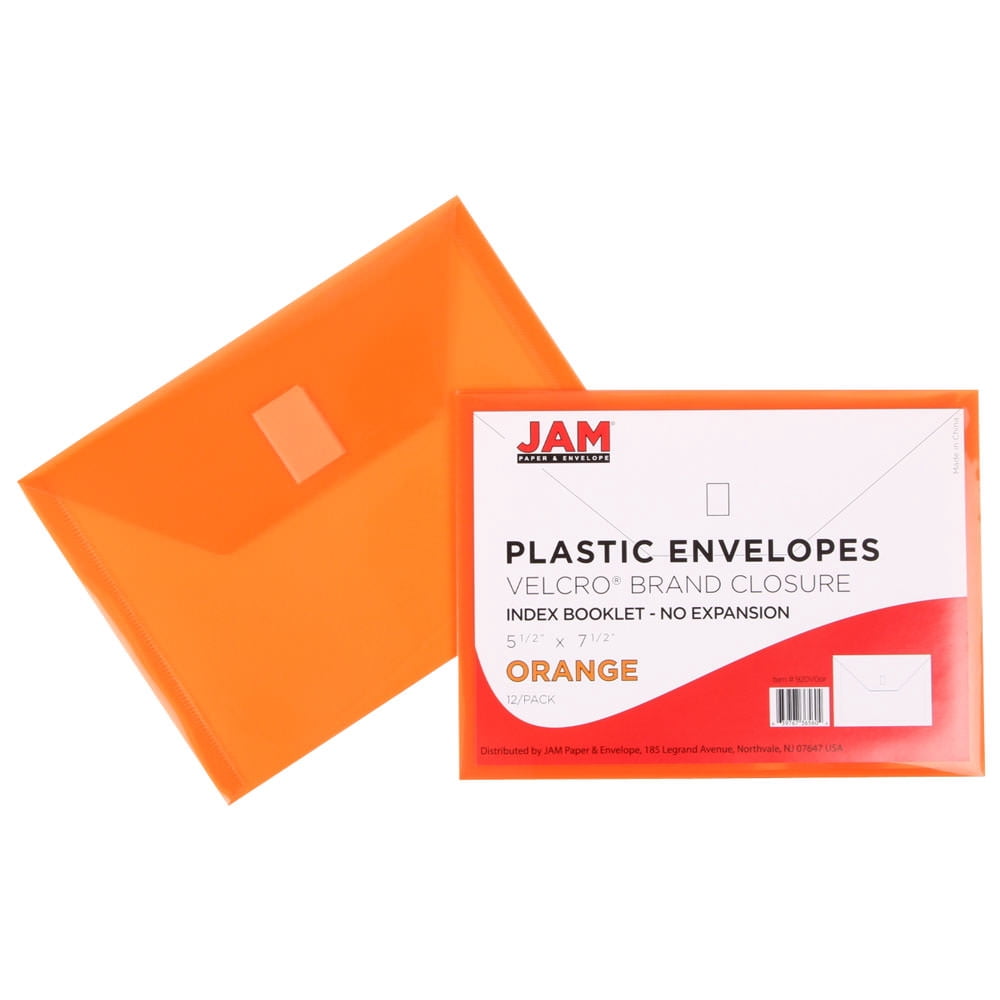 JAM Paper Plastic Envelopes with Hook & Loop Closure, Index, 5 1/2 x 7 1/2, Orange, 3/Pack