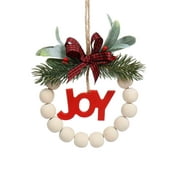 Holiday Time Natural Wood Beads Mini WreathWith Red Joy Christmas Ornament, 1""