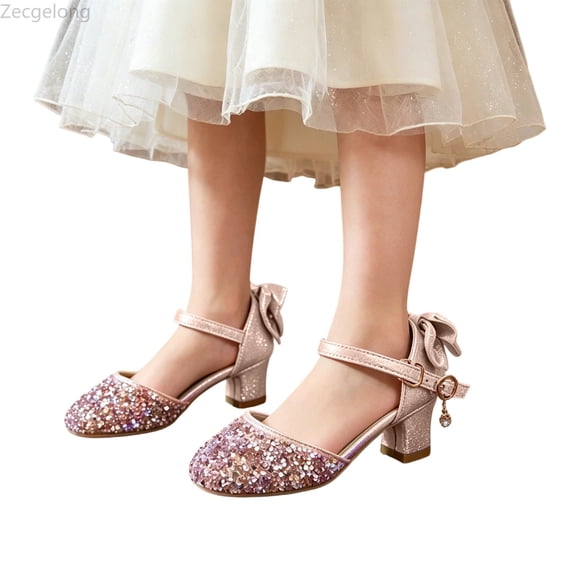 Zecgelong Girls High Heel Glitter Shoes Little Kid Big Kid 3-10 Years Formal Party Performance Dance Footwear