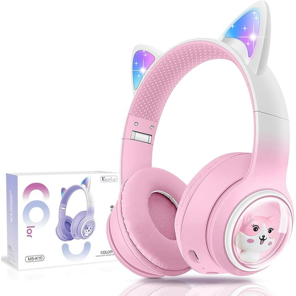 QearFun Cat Headphones for Girls Kids for School, Kids Bluetooth Headphones with Microphone & 3.5mm Jack, Teens Toddlers Wireless Headphones with Adjustable Headband for Tablet/PC（Pink）