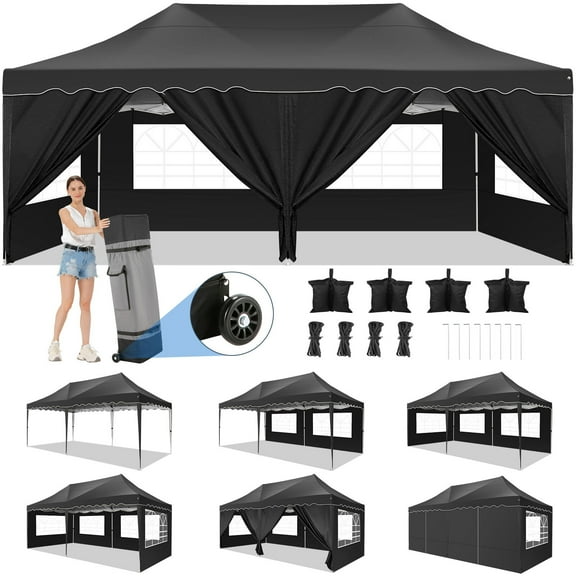 SANOPY 10'x20' EZ Pop up Outdoor Canopy, Commercial Heavy Duty Party Canopy, Waterproof Beach Portable Tent with 6 Removable Sidewalls, Black