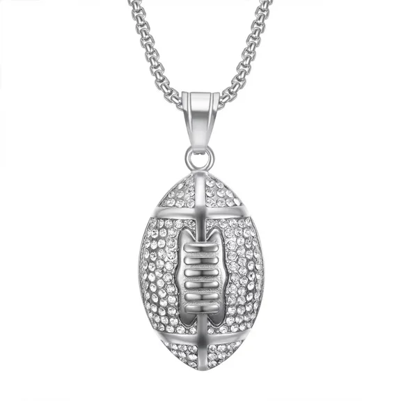 PAMTIER Unisex Stainless Steel Personality Hip Hop Cool Simple Micro-Pave Zircon Inlay Rugby Baseball Sports Ball Pendant Necklace Silver with Chain