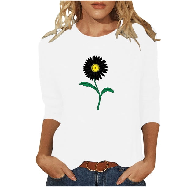 Camisetas Casuales de las Mujeres de Moda Impresa 3/4 Mangas Blusa Cuello Redondo para el Hogar Y Diario