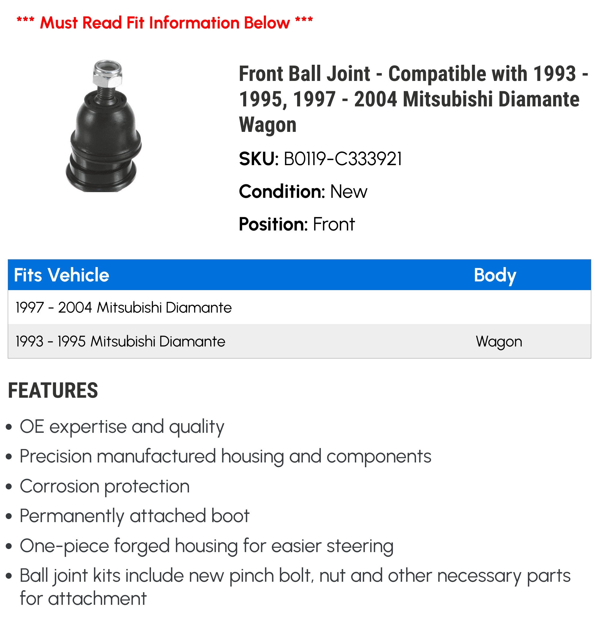 Front Ball Joint - Compatible with 1993 - 1995, 1997 - 2004 Mitsubishi Diamante Wagon 1994 1998 1999 2000 2001 2002 2003