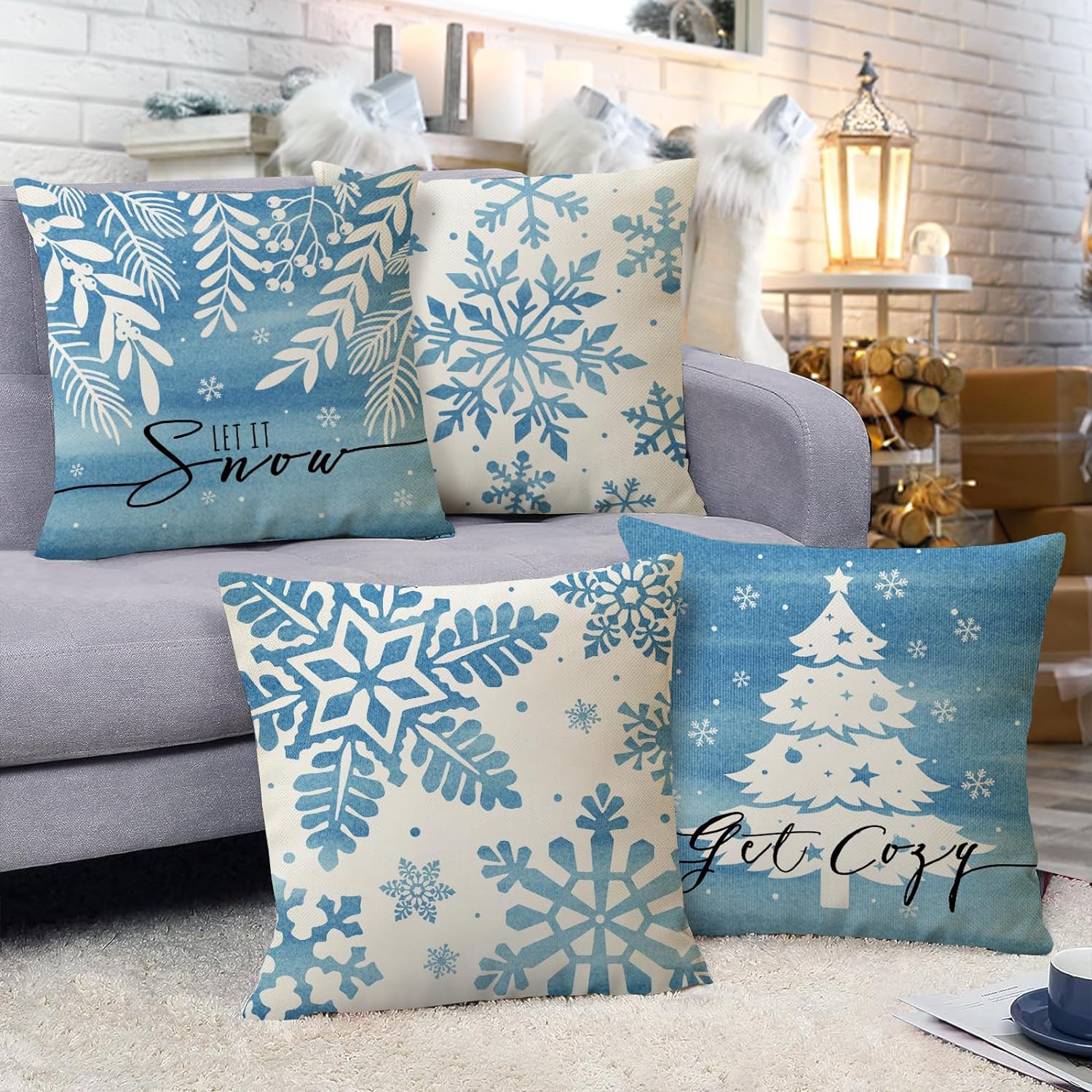 Winter Snowflake Decorative Throw Pillow Covers 18 x 18 Set of 4, Let It Snow Blue Christmas Tree Leaves Outdoor Pillowcase, Get Cozy Seasonal Holiday Farmhouse Cushion Case Home Decor