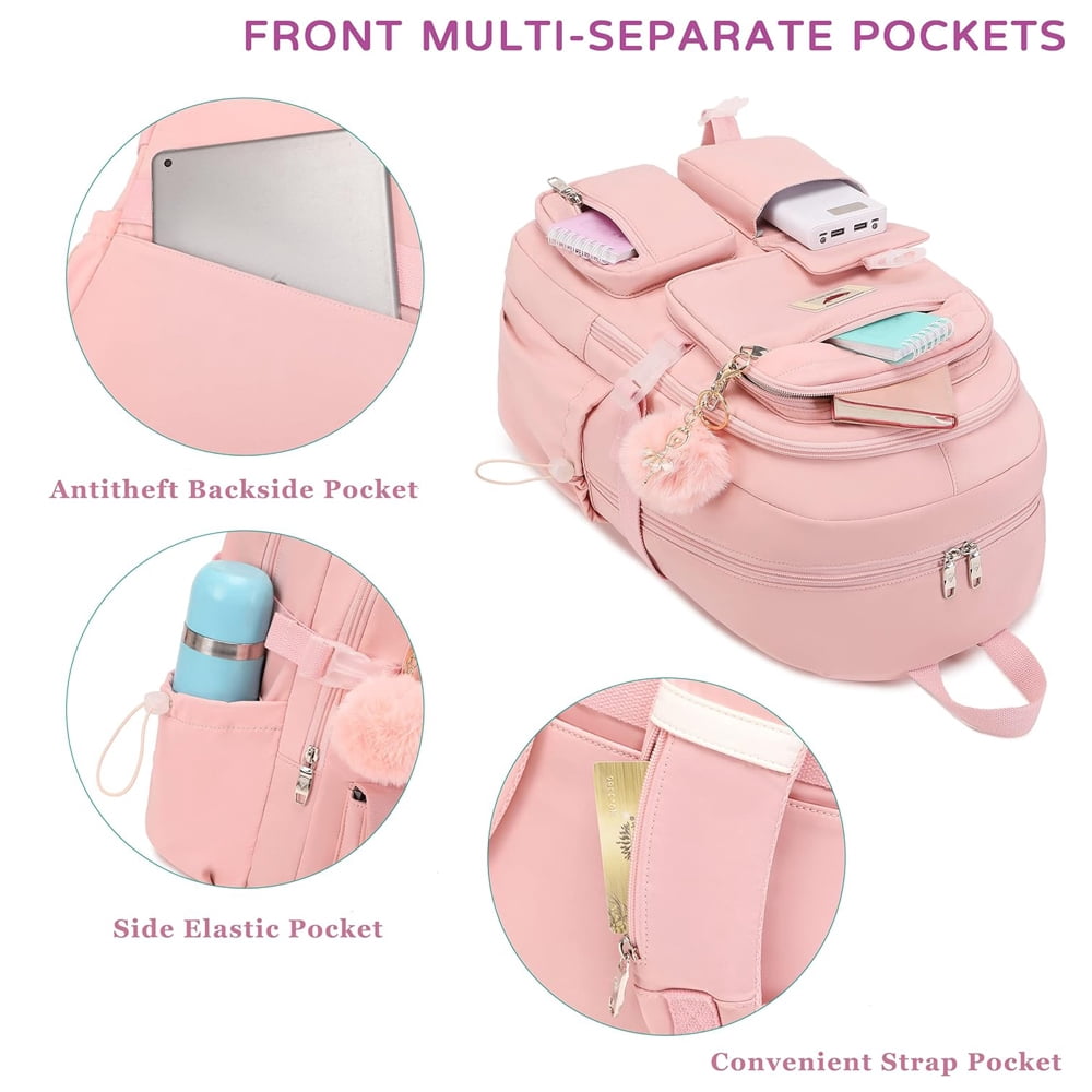 AO ALI VICTORY 3 Piece Backpack Set Laptop Backpack 15.6 inch Junior High Backpack College Backpack Anti-theft Travel Backpack Large Teenage Ladies（Pink)